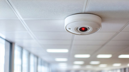 A ceiling mounted sensor with red light on a white wall, AIの素材