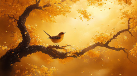 A bird perched on a tree branch with yellow leaves, AIの素材