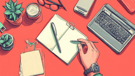 A person sitting at a desk with laptop, pen and notebook, AIの素材
