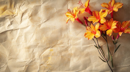 A bunch of flowers on a piece of paper with crinkles, AIの素材