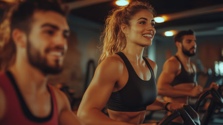 A woman in a sports bra and top riding on an exercise bike, AIの素材
