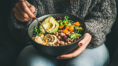 A woman holding a bowl of food with her hands, AIの素材