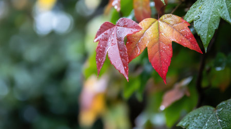 A close up of a leaf with rain drops on it, AIの素材