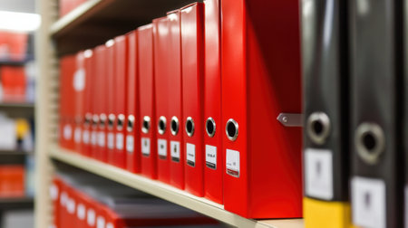 A shelf with red binders and yellow folders on it, AIの素材