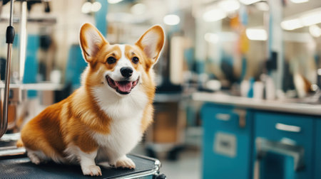 A dog sitting on a table in the middle of an animal hospital, AIの素材