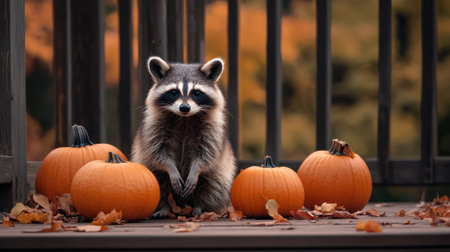 A raccoon sitting on a deck with pumpkins and leaves, AIの素材