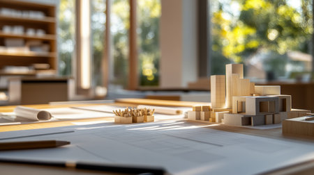 A desk with a pencil, paper and some wooden blocks, AIの素材