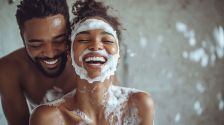 A man and woman are smiling while taking a bath, AIの素材