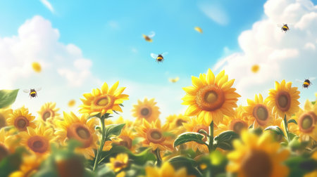 A large group of sunflowers with bees flying around them, AIの素材