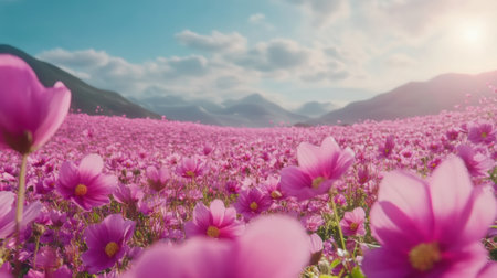 A field of pink flowers with mountains in the background, AIの素材