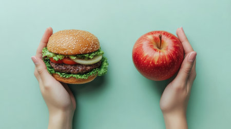 A person holding a hamburger and an apple on their hands, AIの素材