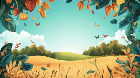 A painting of a field with leaves and butterflies, AIの素材