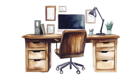 A computer desk with a monitor and chair in the corner, AIの素材