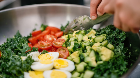 A person cutting up vegetables in a bowl with a fork, AIの素材