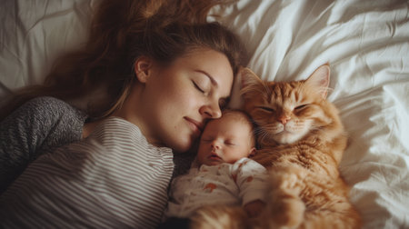 A woman laying next to a cat and sleeping with her baby, AIの素材
