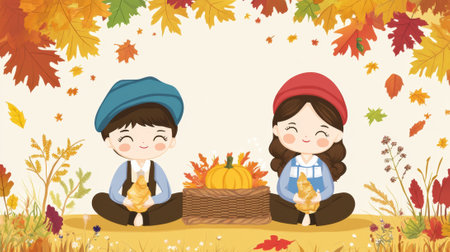 Two children sitting on a bench with pumpkins and leaves, AIの素材