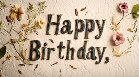 A birthday card with flowers and leaves on a white background, AIの素材