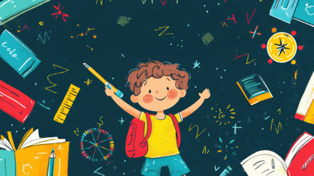 A child with backpack and pencil standing in front of school supplies, AIの素材