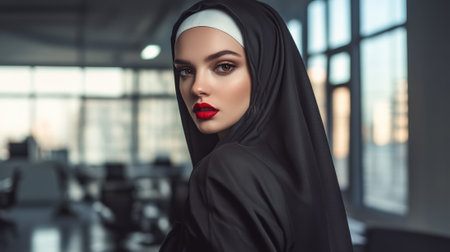 A woman in a nuns habit with red lips and black veil, AIの素材