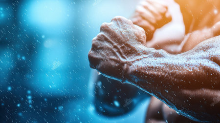 A close up of a mans arm flexing in the rain, AIの素材