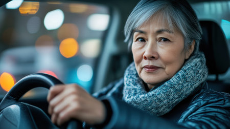 An older woman driving a car with her hands on the wheel, AIの素材