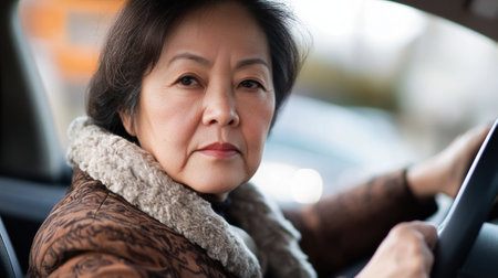 An older woman driving a car with her eyes closed, AIの素材