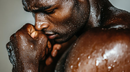 A man with a towel on his head and hands in front of him, AIの素材