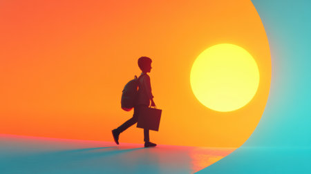 A silhouette of a person walking with luggage in front of the sun, AIの素材