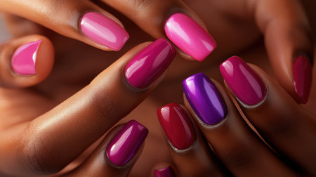 A close up of a womans hands with pink and purple nails, AIの素材