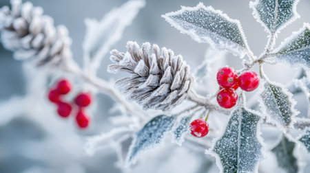 A close up of a frosty branch with red berries, AIの素材