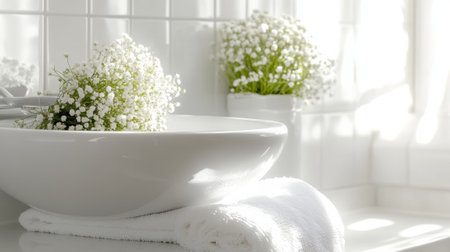 A white bowl with flowers in it on a counter, AIの素材