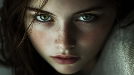 A close up of a woman with freckles and green eyes, AIの素材