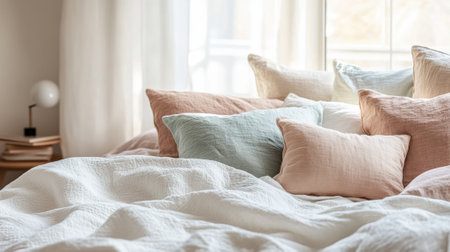 A bed with a lot of pillows and blankets on it, AIの素材