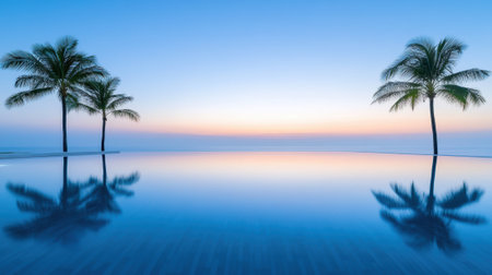 A pool with three palm trees in the background at sunset, AIの素材