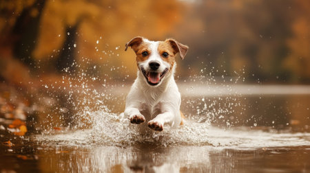 A dog is running through a lake with leaves on the ground, AIの素材