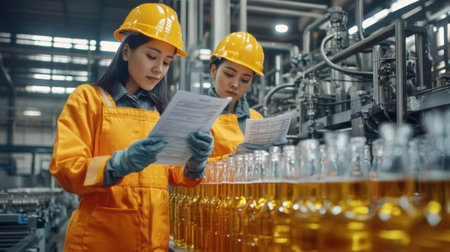 Two women in hard hats reading a paper while standing next to bottles, AIの素材