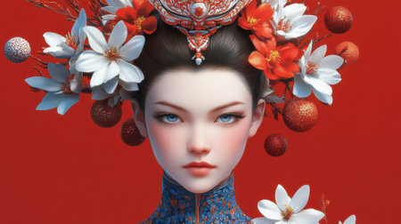 A woman with a flower crown and flowers on her head, AIの素材