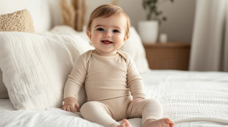 A baby in a white onesie sitting on the bed, AIの素材