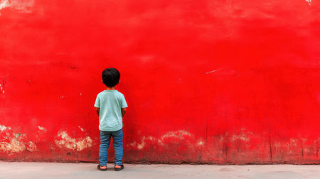 A young boy standing in front of a red wall, AIの素材