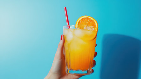 A hand holding a glass of orange juice with an orange slice, AIの素材