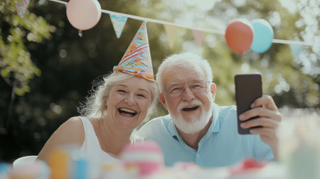 A man and woman smiling at each other while holding a cell phone, AIの素材