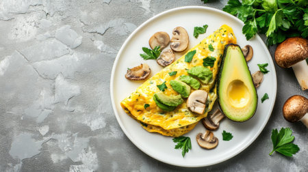 An omelet with mushrooms and avocado on a plate, AIの素材