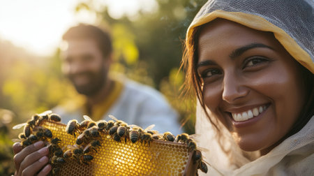 A woman smiling while holding a honeycomb with bees on it, AIの素材