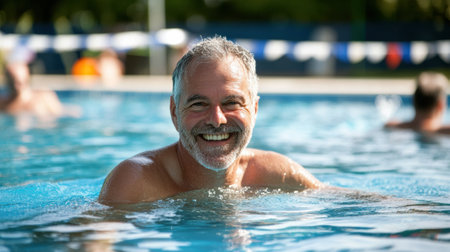 A man in a swimming pool with his shirt off smiling, AIの素材