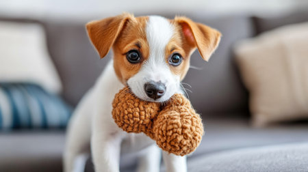 A small dog with a toy in his mouth on top of the couch, AIの素材