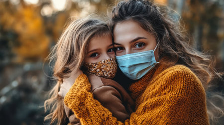 A woman and child wearing face masks, AIの素材