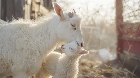 A baby goat is nursing from its mother in a barn, AIの素材