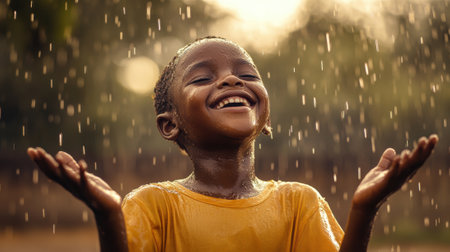 A young boy smiling while standing in the rain with his hands out, AIの素材