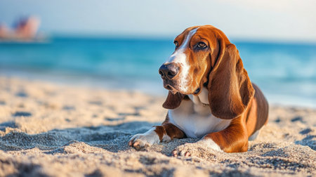 A dog laying on the beach with a blue sky in background, AIの素材