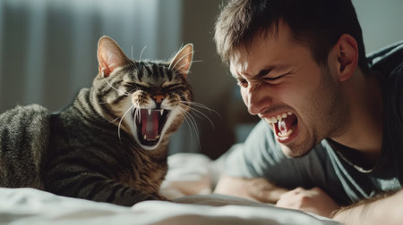 A man laying on bed with cat yawning at him, AIの素材